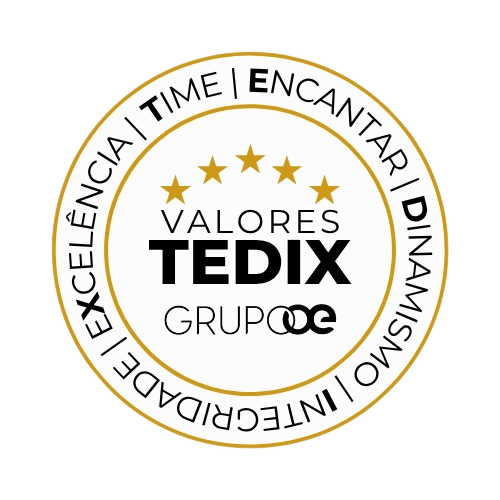 Selo dos valores TEDIX do Grupo OE: Time, Encantar, Dinamismo, Integridade e Excelência